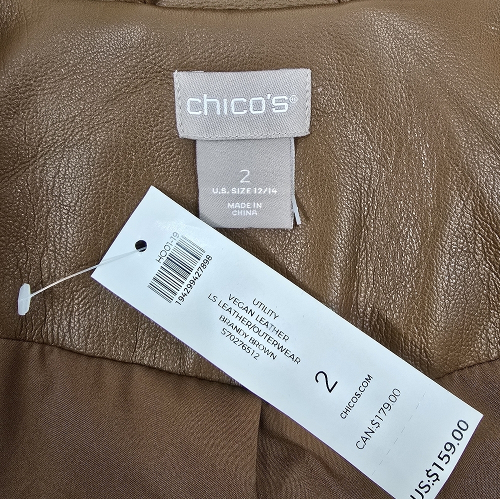 NWT Chicos Brown Coated Vegan Leather Utility Jacket Size 2 - Picture 3 of 12
